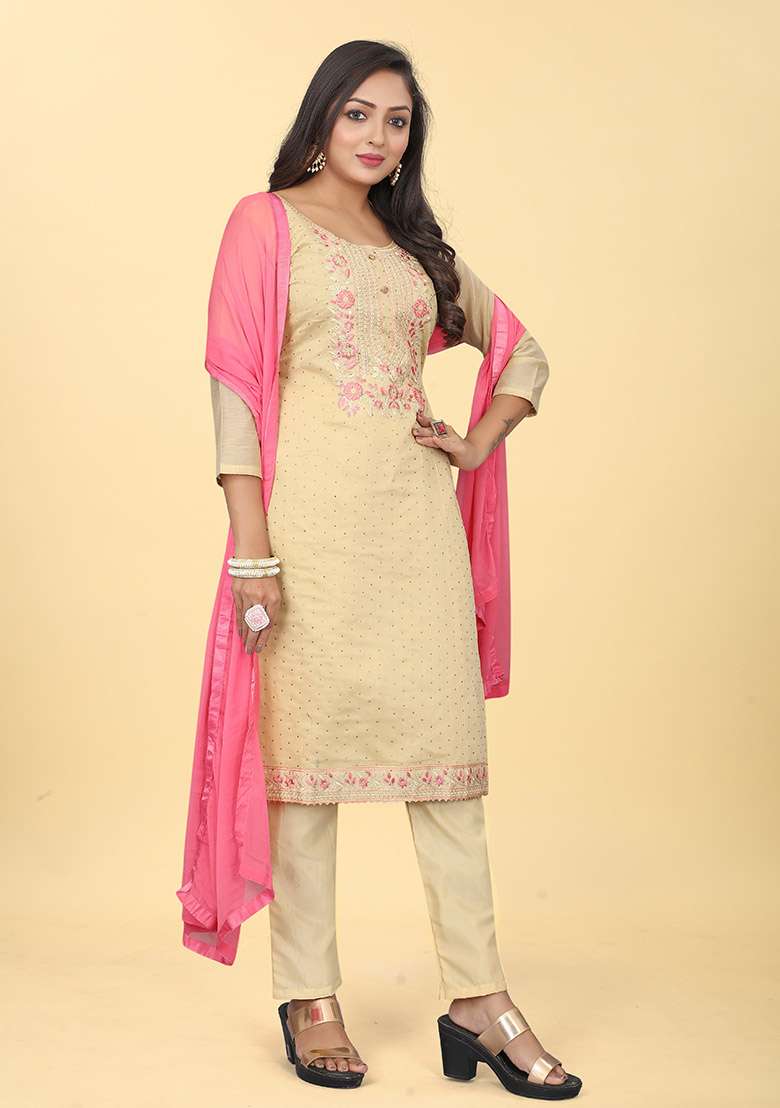 Brown Embroidered Chanderi Silk Kurta Set - Indya