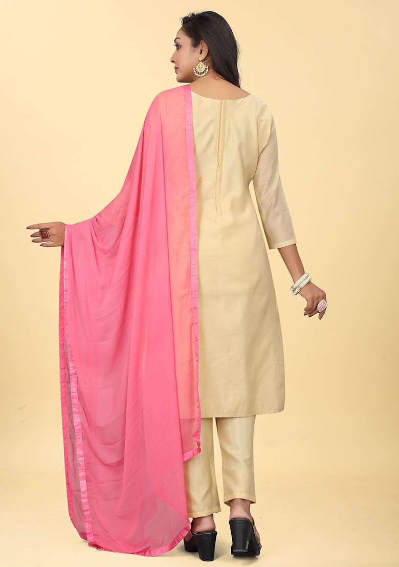 Brown Embroidered Chanderi Silk Kurta Set - Indya