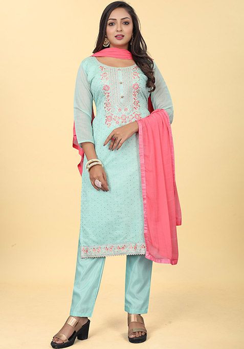 Aqua Blue Embroidered Chanderi Silk Kurta Set