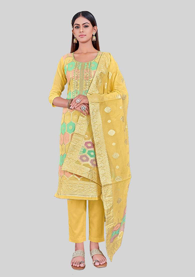 Yellow Embroidered Chanderi Silk Kurta Set - Indya