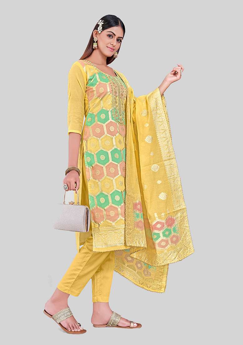 Yellow Embroidered Chanderi Silk Kurta Set - Indya