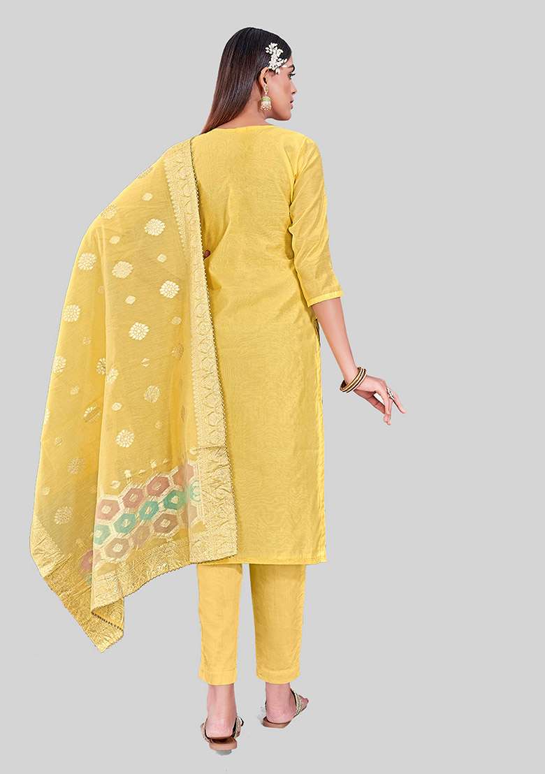 Yellow Embroidered Chanderi Silk Kurta Set - Indya