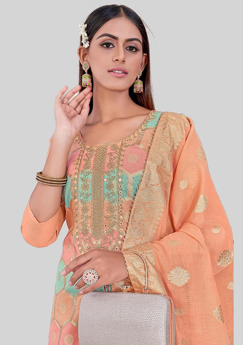Peach Embroidered Chanderi Silk Kurta Set