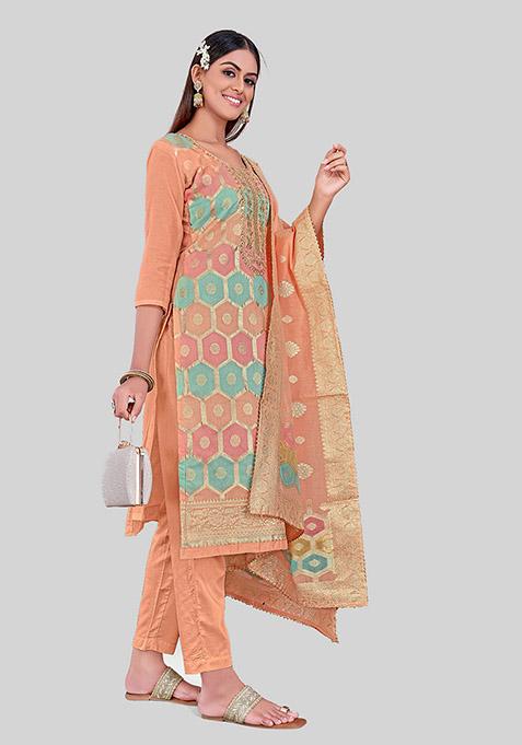 Peach Embroidered Chanderi Silk Kurta Set