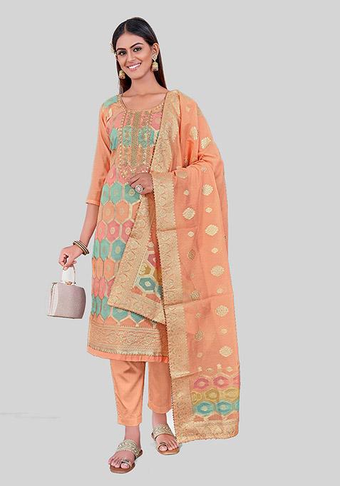 Peach Embroidered Chanderi Silk Kurta Set