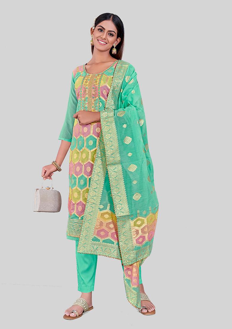 Sea Green Embroidered Chanderi Silk Kurta Set