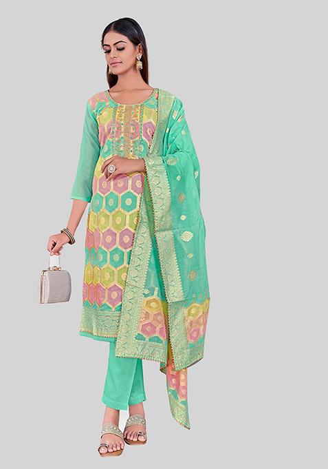 Sea Green Embroidered Chanderi Silk Kurta Set