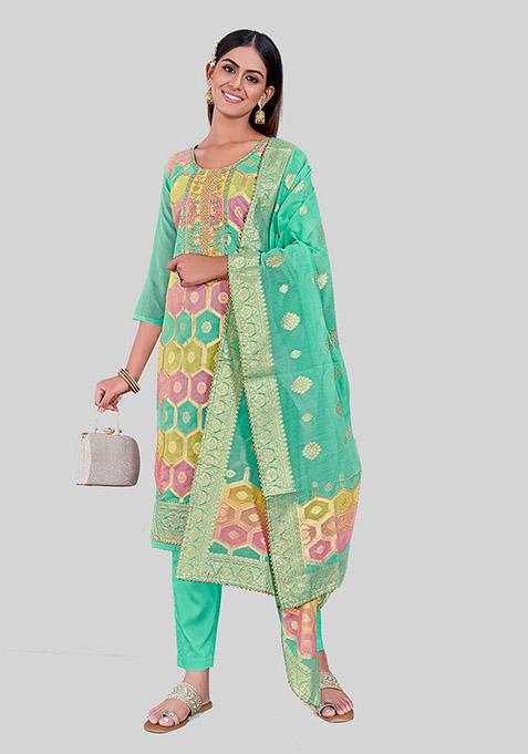 Sea Green Embroidered Chanderi Silk Kurta Set