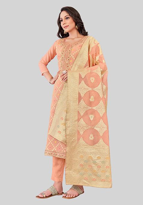 Peach Embroidered Chanderi Silk Kurta Set
