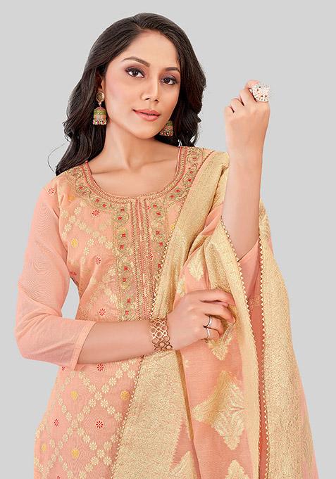 Peach Embroidered Chanderi Silk Kurta Set
