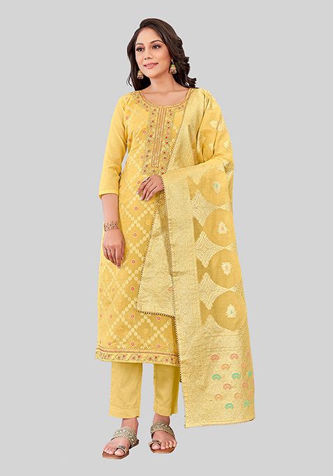 Yellow Embroidered Chanderi Silk Kurta Set