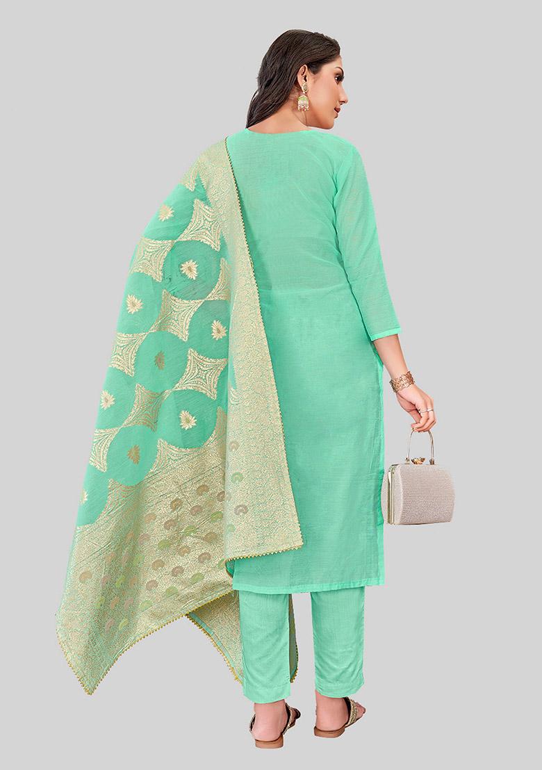 Sea Green Embroidered Chanderi Silk Kurta Set