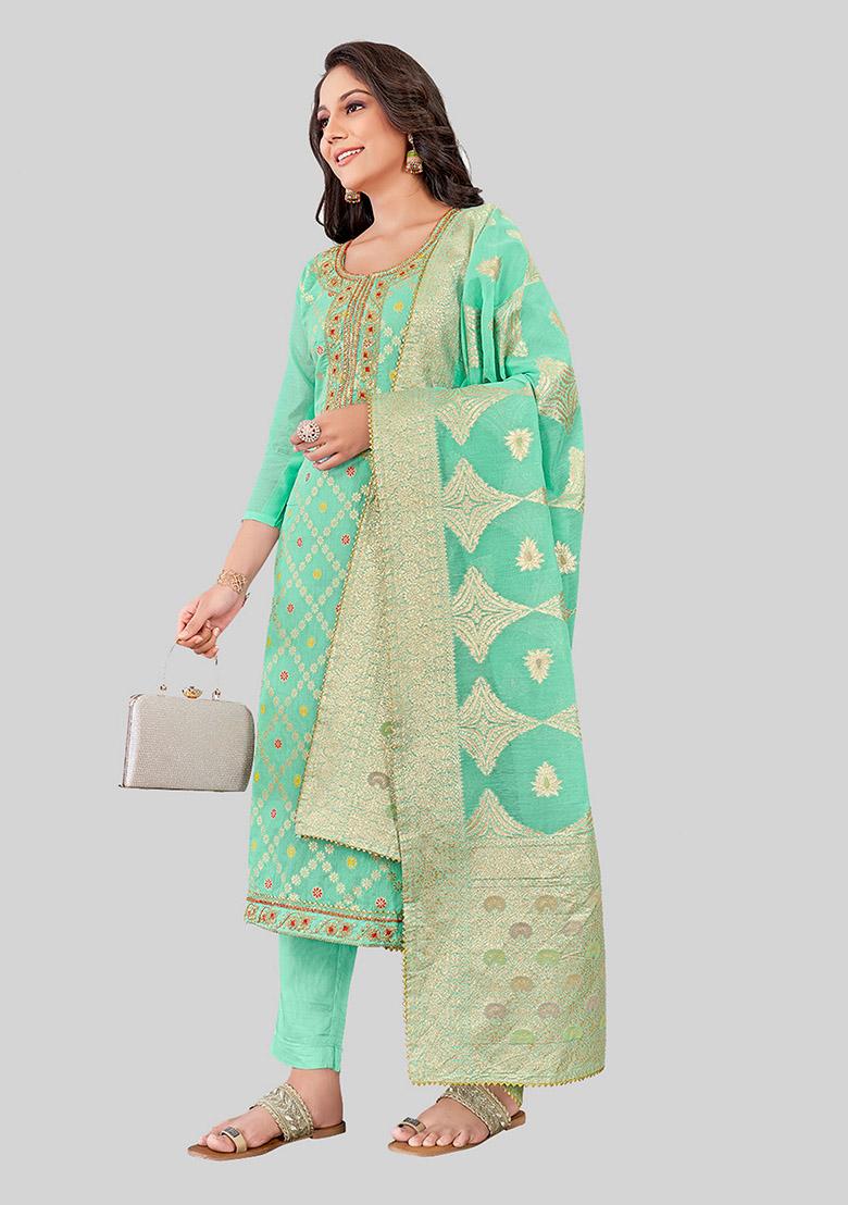 Sea Green Embroidered Chanderi Silk Kurta Set
