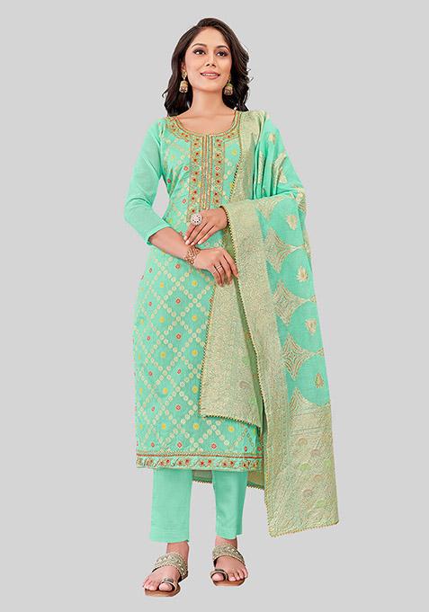 Sea Green Embroidered Chanderi Silk Kurta Set