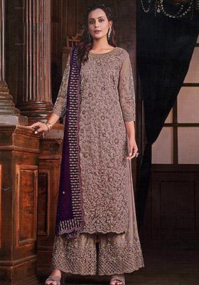 Mauve Embroidered Net Kurta Set
