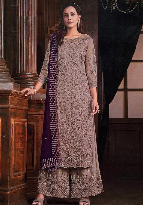 Mauve Embroidered Net Kurta Set