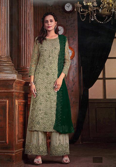 Green Embroidered Net Kurta Set