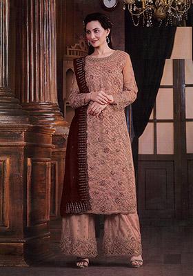 Peach Embroidered Net Kurta Set