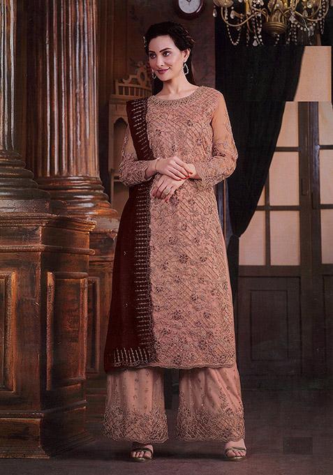 Peach Embroidered Net Kurta Set