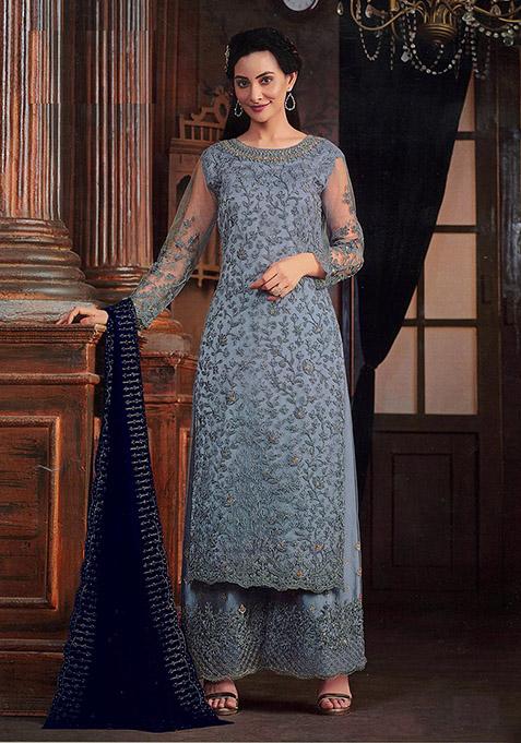 Grey Embroidered Net Kurta Set