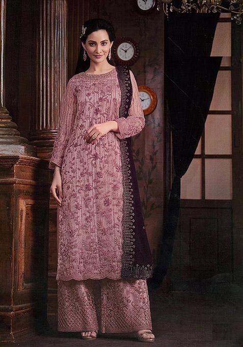 Pink Embroidered Net Kurta Set