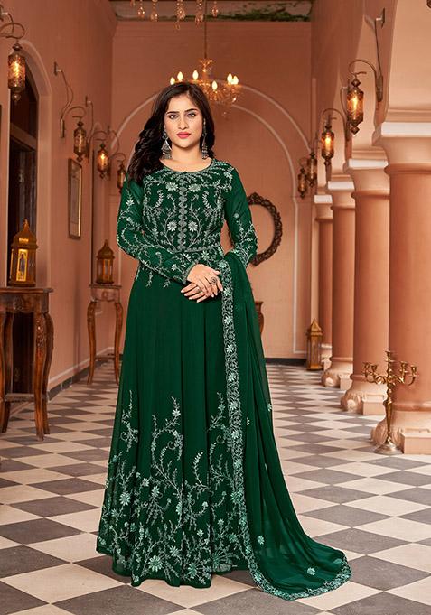 Green Embroidered Faux Georgette Kurta Set