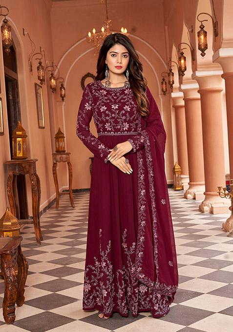 Maroon Embroidered Faux Georgette Kurta Set