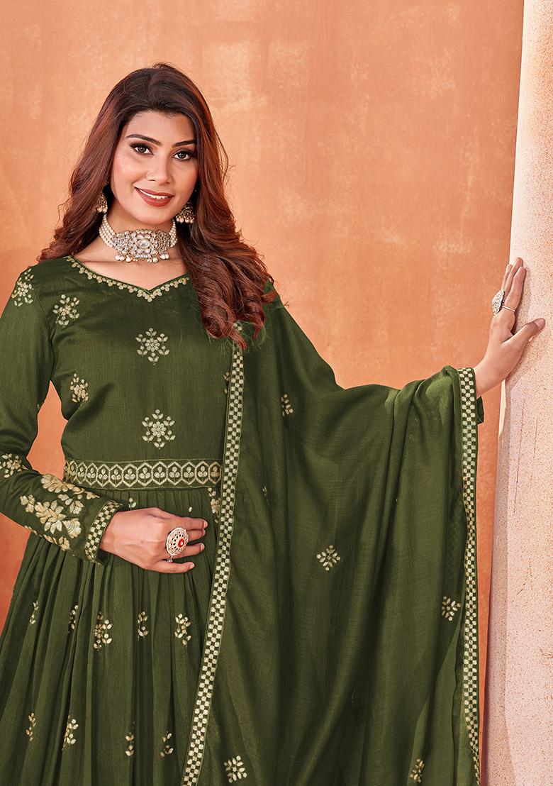 Mehendi Green Embroidered Art Silk Kurta Set