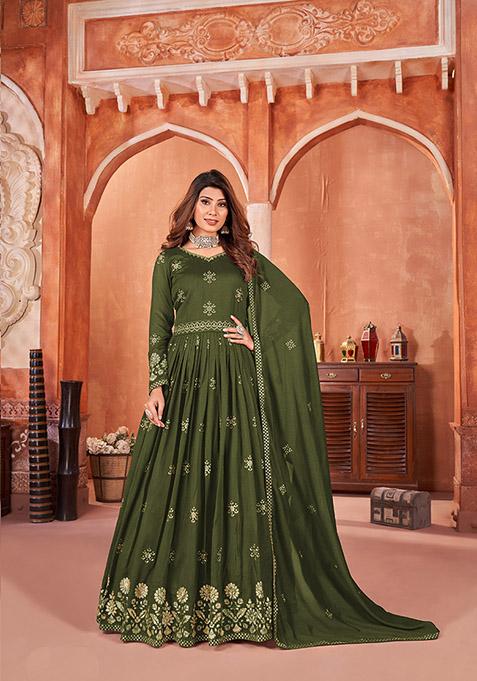 Mehendi Green Embroidered Art Silk Kurta Set