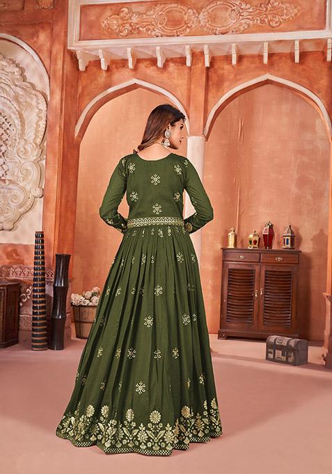 Mehendi Green Embroidered Art Silk Kurta Set