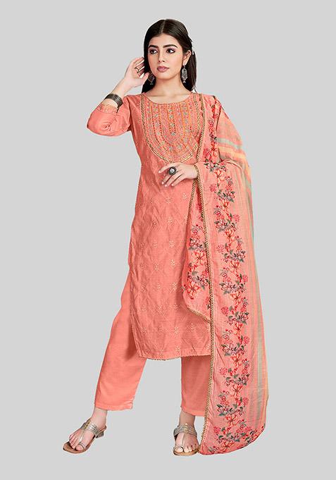 Pink Embroidered Chanderi Silk Kurta Set