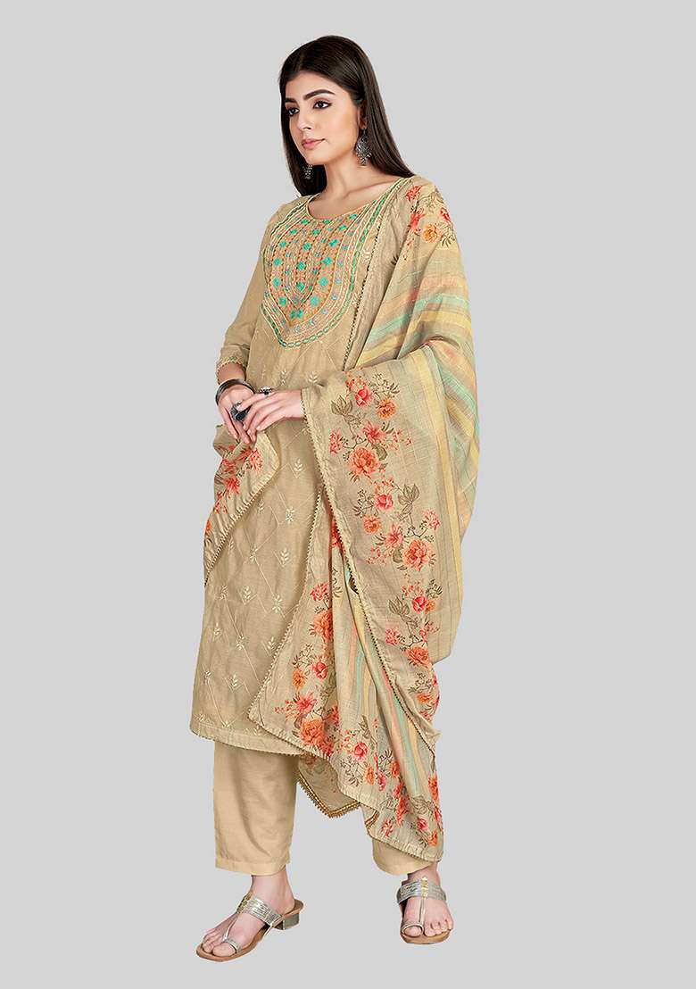 Brown Embroidered Chanderi Silk Kurta Set - Indya