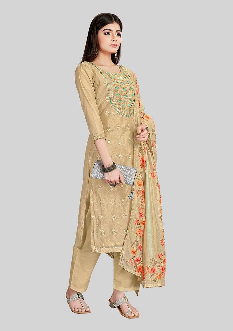 Brown Embroidered Chanderi Silk Kurta Set - Indya