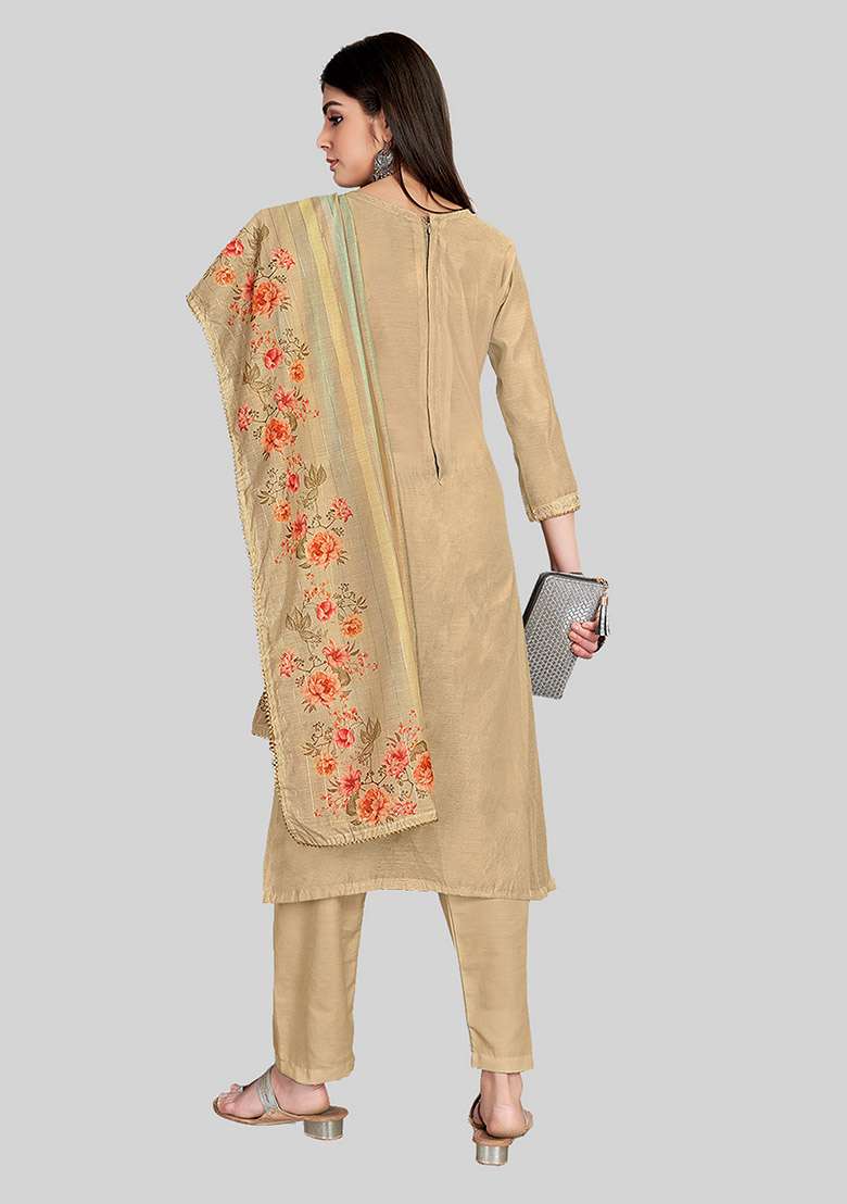 Brown Embroidered Chanderi Silk Kurta Set - Indya