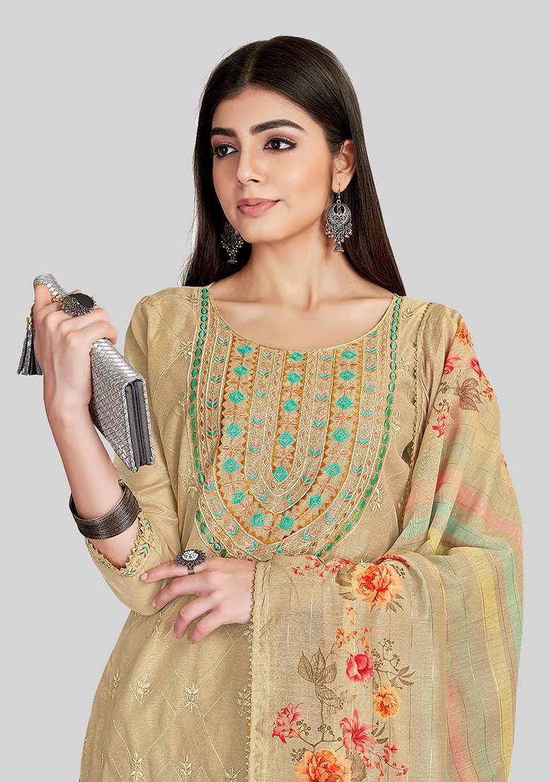 Brown Embroidered Chanderi Silk Kurta Set - Indya