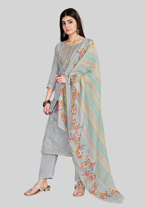 Grey Embroidered Chanderi Silk Kurta Set