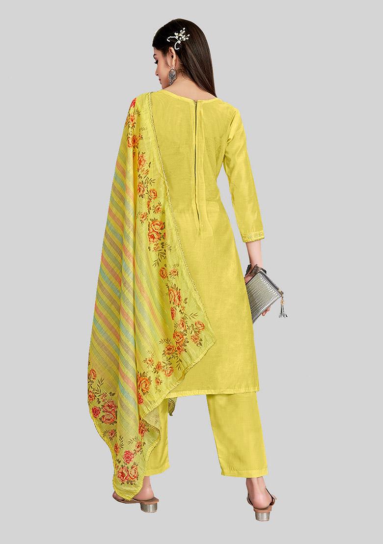 Yellow Embroidered Chanderi Silk Kurta Set