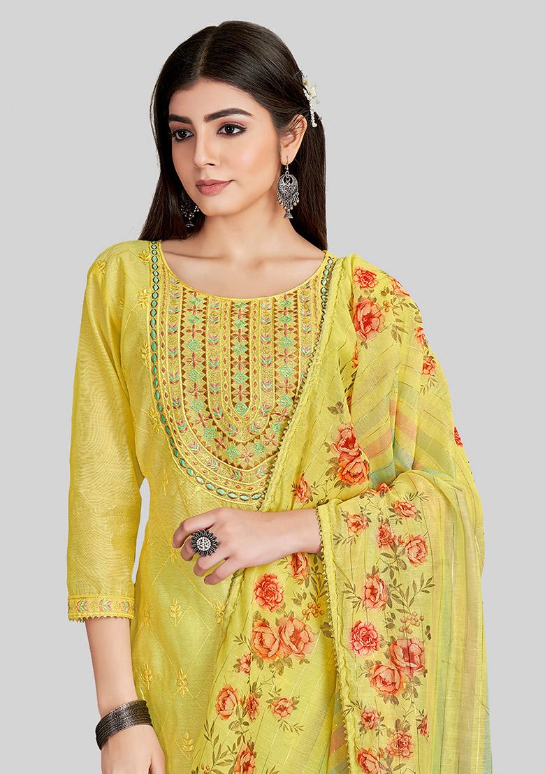 Yellow Embroidered Chanderi Silk Kurta Set
