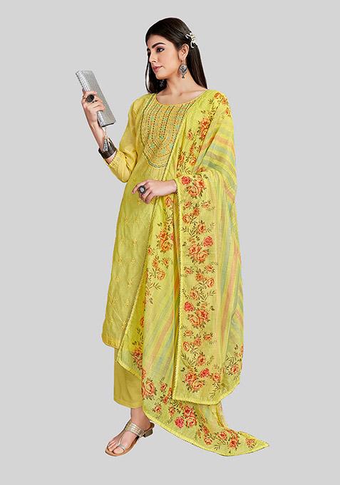 Yellow Embroidered Chanderi Silk Kurta Set