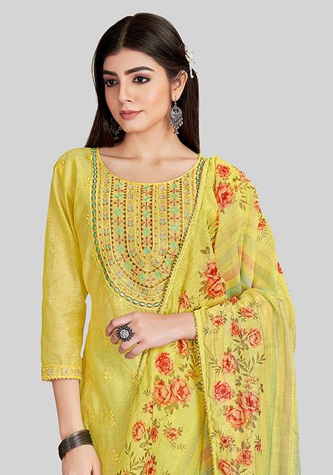 Yellow Embroidered Chanderi Silk Kurta Set