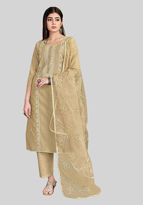 Brown Embroidered Chanderi Silk Kurta Set