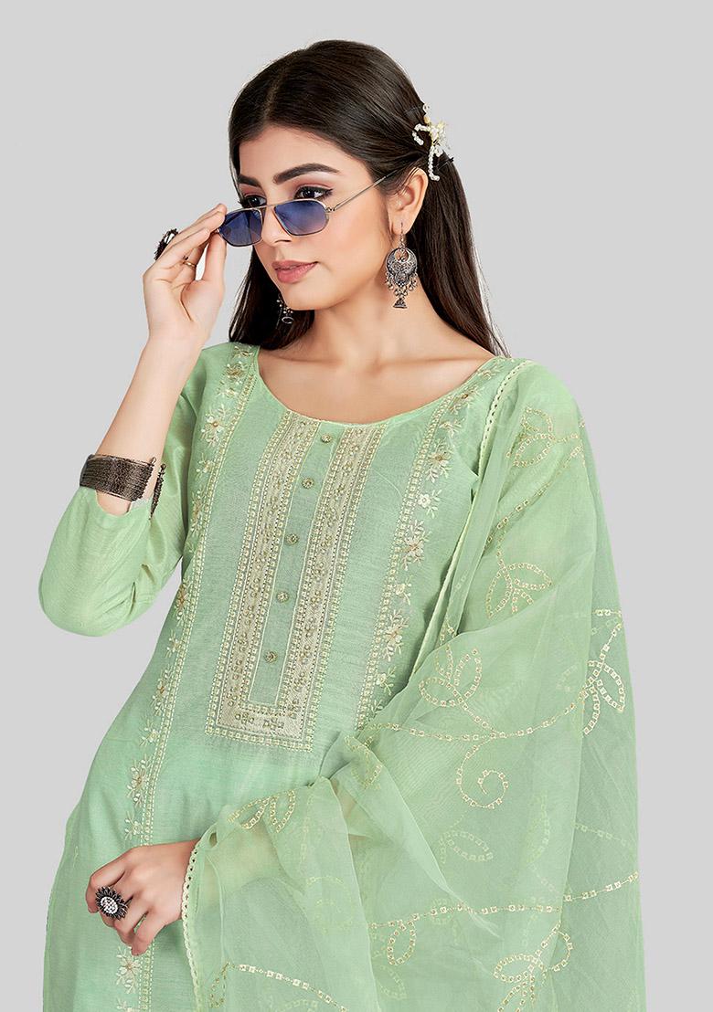 Green Embroidered Chanderi Silk Kurta Set