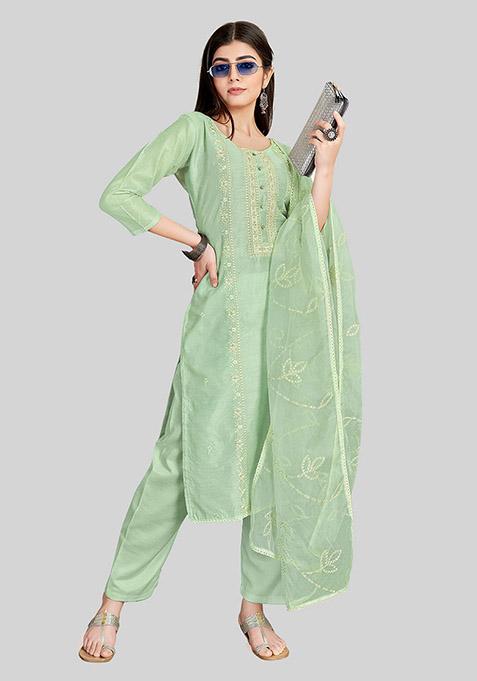 Green Embroidered Chanderi Silk Kurta Set