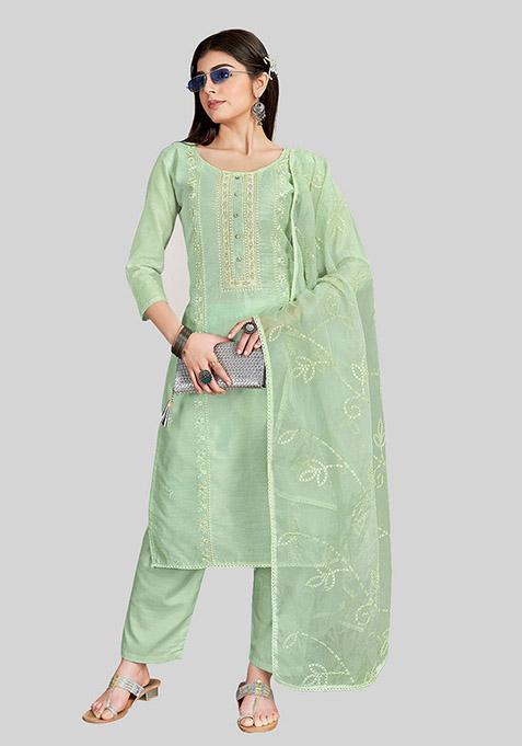 Green Embroidered Chanderi Silk Kurta Set