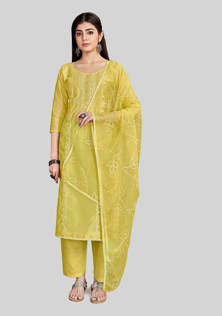 Yellow Embroidered Chanderi Silk Kurta Set - Indya