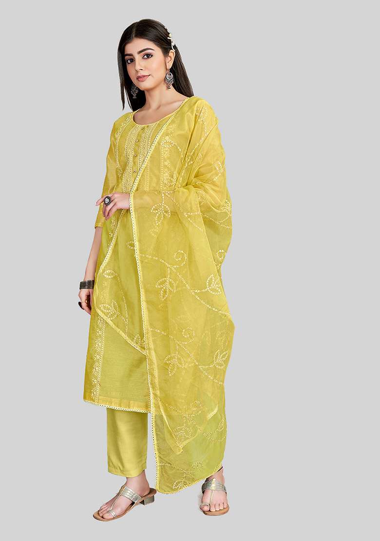 Yellow Embroidered Chanderi Silk Kurta Set - Indya