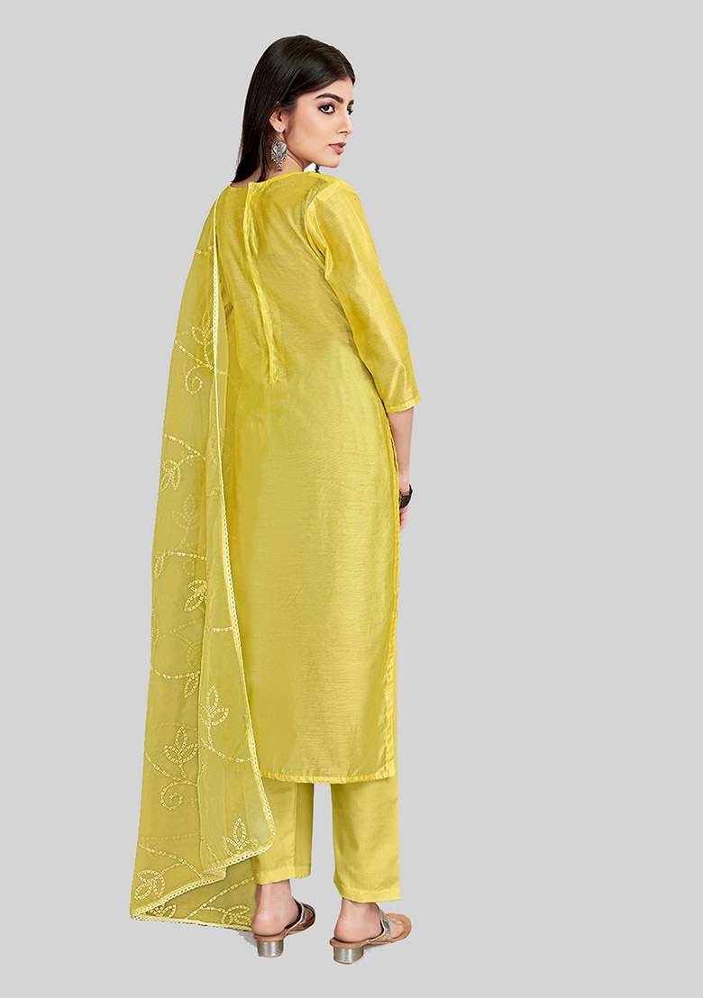 Yellow Embroidered Chanderi Silk Kurta Set - Indya