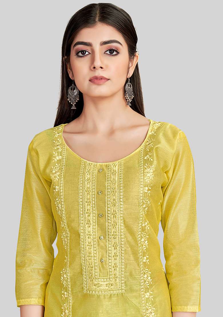 Yellow Embroidered Chanderi Silk Kurta Set - Indya