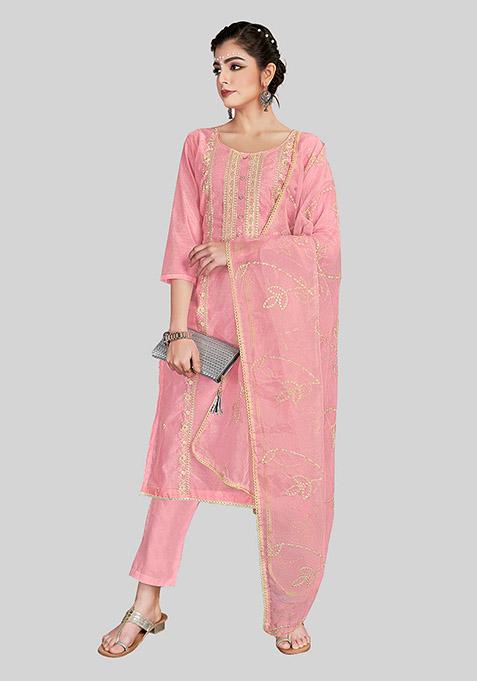 Pink Embroidered Chanderi Silk Kurta Set