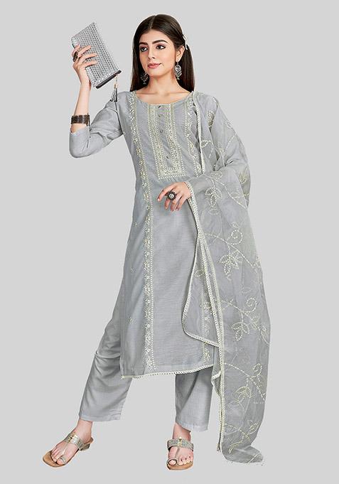 Grey Embroidered Chanderi Silk Kurta Set